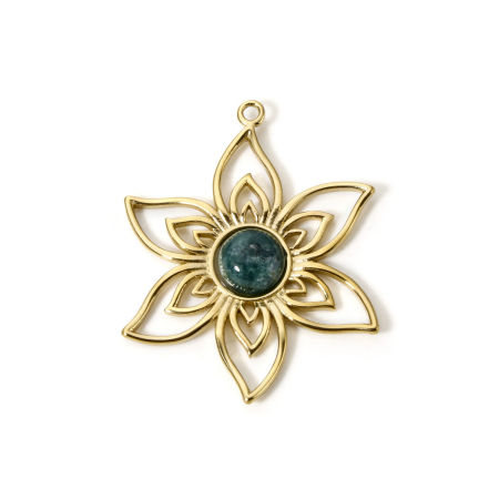 Picture of 1 Piece Eco-friendly PVD Vacuum Plating Waterproof Anti-Tarnish Hypoallergenic 304 Stainless Steel Flora Collection Pendants 14K Real Gold Plated Blue Flower With Synthetic Gemstone Cabochons 4.8cm x 3.8cm