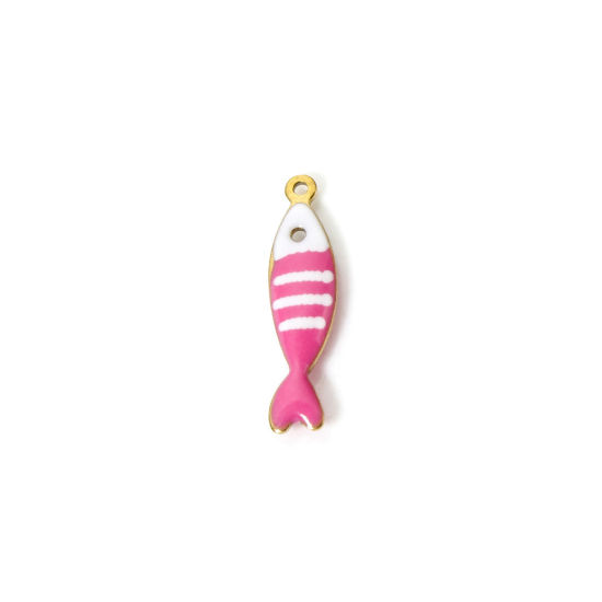 Picture of 5 PCs Eco-friendly PVD Vacuum Plating 304 Stainless Steel Ocean Jewelry Charms 18K Real Gold Plated Hot Pink Fish Animal Stripe Enamel 18.5mm x 5mm