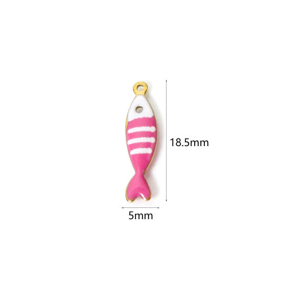 Picture of 5 PCs Eco-friendly PVD Vacuum Plating 304 Stainless Steel Ocean Jewelry Charms 18K Real Gold Plated Hot Pink Fish Animal Stripe Enamel 18.5mm x 5mm