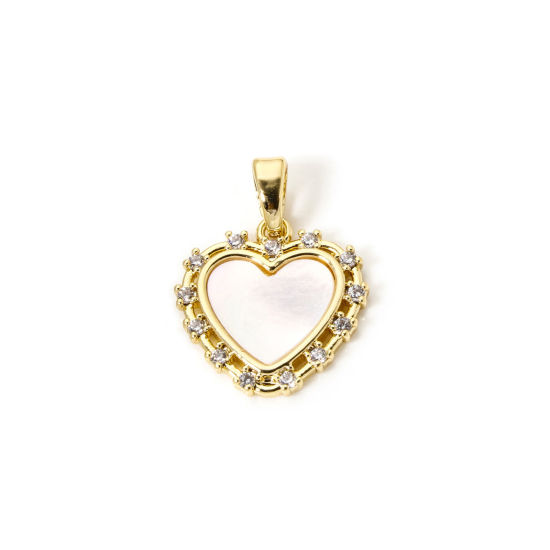 Picture of 2 PCs Eco-friendly Natural Shell & Brass Valentine's Day Charm Pendant 18K Real Gold Plated Heart Clear Cubic Zirconia 20mm x 15mm