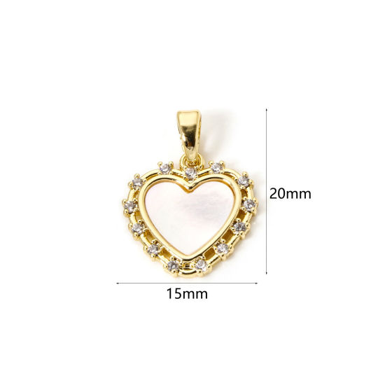 Picture of 2 PCs Eco-friendly Natural Shell & Brass Valentine's Day Charm Pendant 18K Real Gold Plated Heart Clear Cubic Zirconia 20mm x 15mm