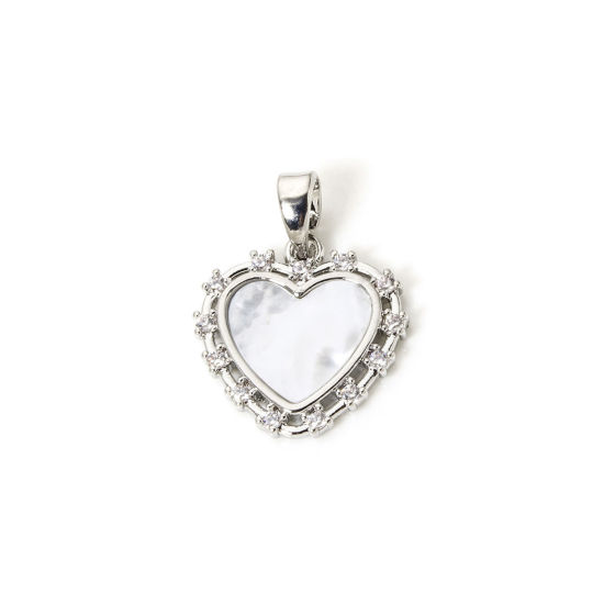 Picture of 2 PCs Eco-friendly Natural Shell & Brass Valentine's Day Charm Pendant Real Platinum Plated White Heart Clear Cubic Zirconia 20mm x 15mm