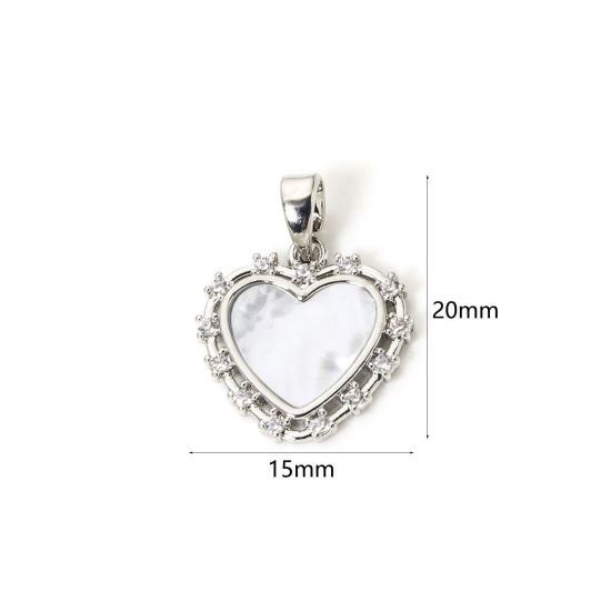 Picture of 2 PCs Eco-friendly Natural Shell & Brass Valentine's Day Charm Pendant Real Platinum Plated White Heart Clear Cubic Zirconia 20mm x 15mm