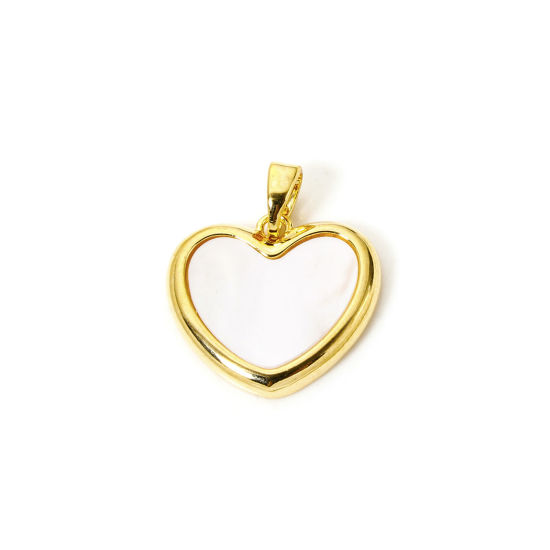 Picture of 2 PCs Eco-friendly Natural Shell & Brass Valentine's Day Charm Pendant Gold Plated White Heart 21mm x 17.5mm