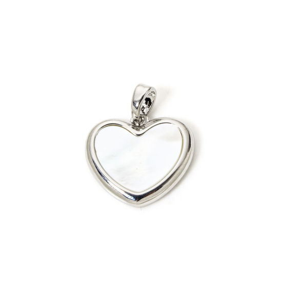 Picture of 2 PCs Eco-friendly Natural Shell & Brass Valentine's Day Charm Pendant Real Platinum Plated White Heart 21mm x 17.5mm