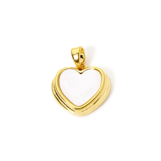 Picture of 2 PCs Eco-friendly Natural Shell & Brass Valentine's Day Charm Pendant 18K Real Gold Plated White Heart 19mm x 15mm