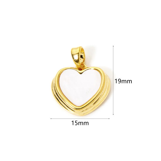 Picture of 2 PCs Eco-friendly Natural Shell & Brass Valentine's Day Charm Pendant 18K Real Gold Plated White Heart 19mm x 15mm