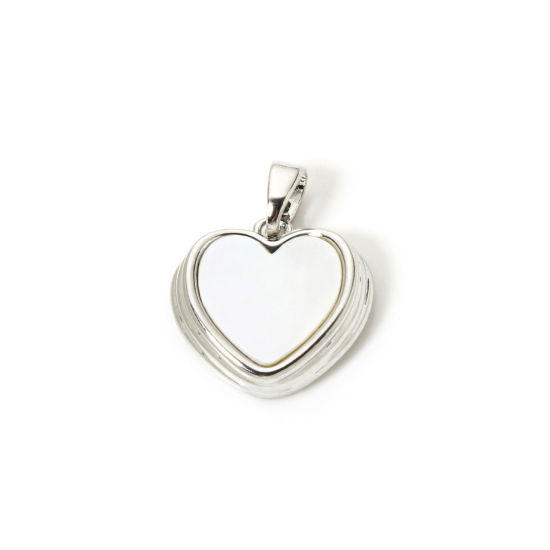 Picture of 2 PCs Eco-friendly Natural Shell & Brass Valentine's Day Charm Pendant Real Platinum Plated White Heart 19mm x 15mm