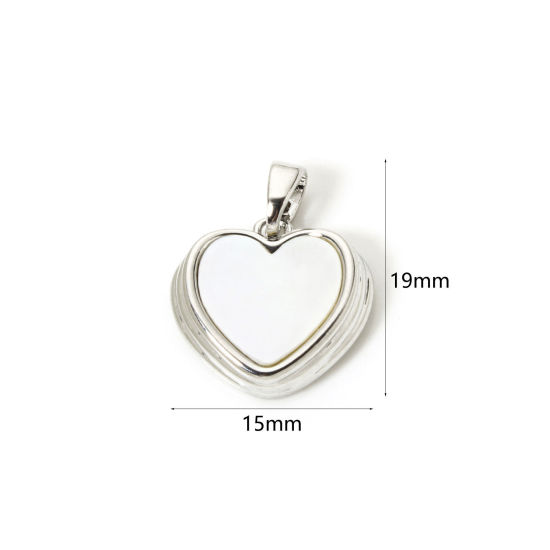 Picture of 2 PCs Eco-friendly Natural Shell & Brass Valentine's Day Charm Pendant Real Platinum Plated White Heart 19mm x 15mm