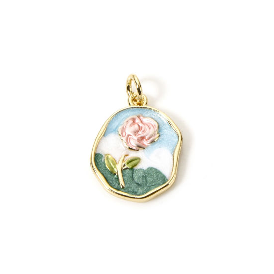 Picture of 1 Piece Eco-friendly Brass Charms 18K Real Gold Plated Multicolor Enamel Irregular Rose Flower 20mm x 13mm