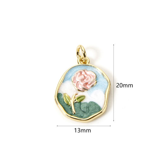 Picture of 1 Piece Eco-friendly Brass Charms 18K Real Gold Plated Multicolor Enamel Irregular Rose Flower 20mm x 13mm