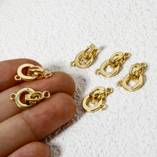 Picture of 2 Sets Brass Fold Over Clasps Round 18K Gold Plated Clear Cubic Zirconia 19mm x 9.5mm