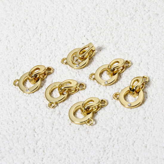 Picture of 2 Sets Brass Fold Over Clasps Round 18K Gold Plated Clear Cubic Zirconia 19mm x 9.5mm