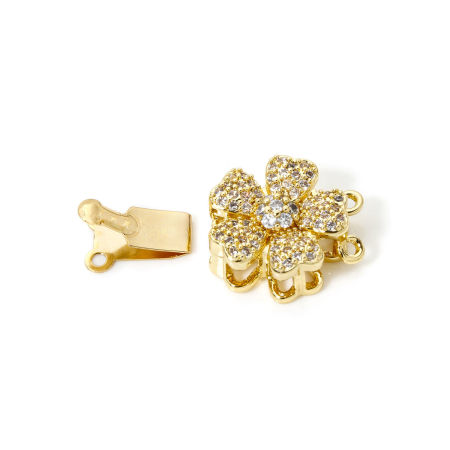 1 Piece Brass Push In Snap Lock Clasps Flower 18K Gold Plated Clear Cubic Zirconia 19mm x 14.5mm