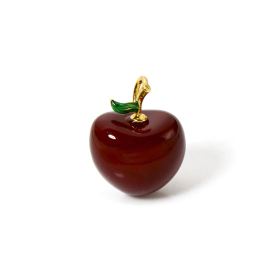 Picture of 1 Piece Brass 3D Charms 18K Gold Plated Dark Red Cherry Fruit Enamel 22mm x 17mm