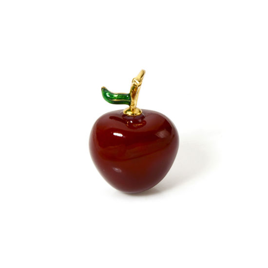 Picture of 1 Piece Brass 3D Charms 18K Gold Plated Dark Red Cherry Fruit Enamel 21mm x 15mm