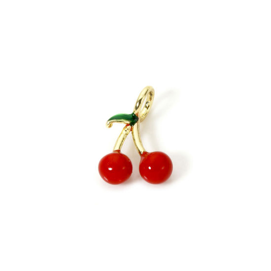 Picture of 1 Piece Brass 3D Charms 18K Gold Plated Cherry Fruit Enamel 16mm x 12mm