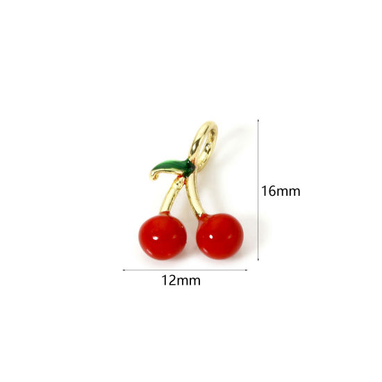 Picture of 1 Piece Brass 3D Charms 18K Gold Plated Cherry Fruit Enamel 16mm x 12mm