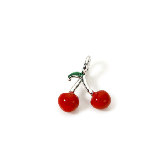 Picture of 1 Piece Brass 3D Charms Platinum Plated Red Cherry Fruit Enamel 16mm x 12mm