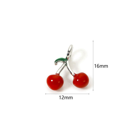 Picture of 1 Piece Brass 3D Charms Platinum Plated Red Cherry Fruit Enamel 16mm x 12mm