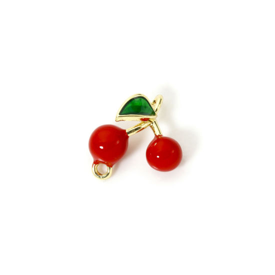 Picture of 1 Piece Brass 3D Connectors Charms Pendants 18K Gold Plated Red Cherry Fruit Enamel 13mm x 13mm