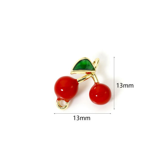 Picture of 1 Piece Brass 3D Connectors Charms Pendants 18K Gold Plated Red Cherry Fruit Enamel 13mm x 13mm