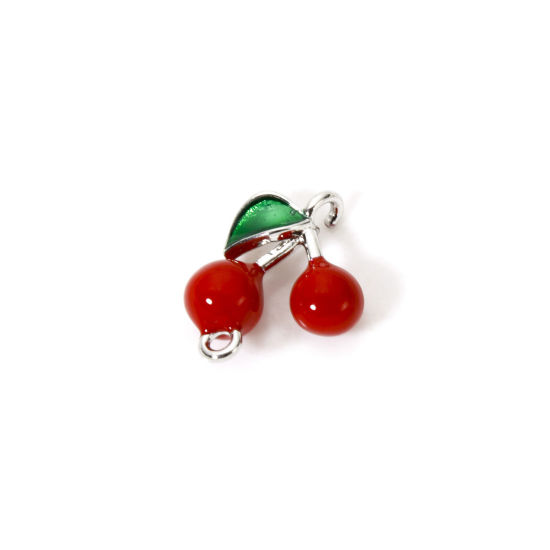 Picture of 1 Piece Brass 3D Connectors Charms Pendants Platinum Plated Red Cherry Fruit Enamel 13mm x 13mm