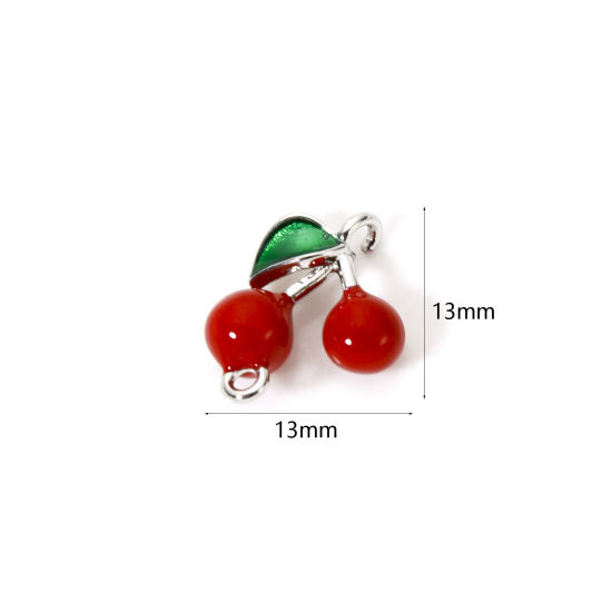 Picture of 1 Piece Brass 3D Connectors Charms Pendants Platinum Plated Red Cherry Fruit Enamel 13mm x 13mm