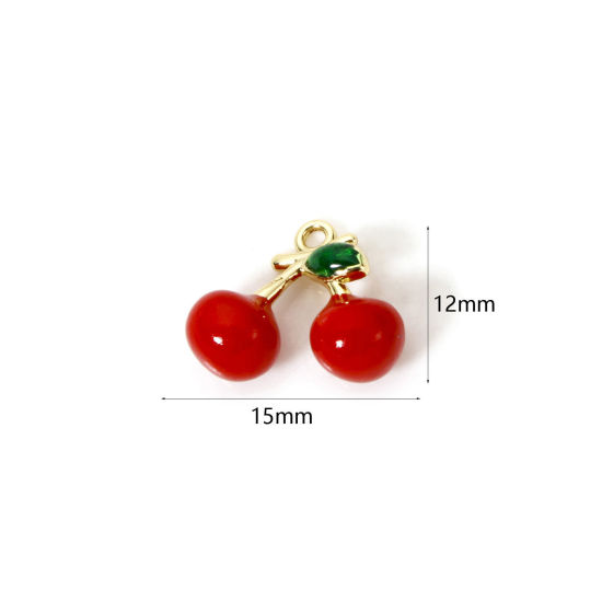 Picture of 1 Piece Brass 3D Charms 18K Gold Plated Red Cherry Fruit Enamel 15mm x 12mm