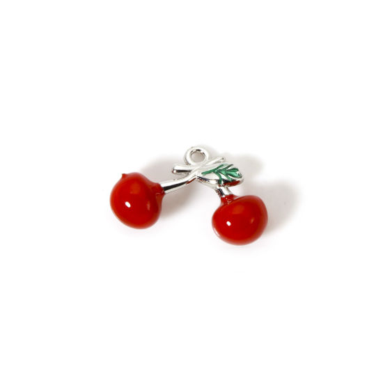 Picture of 1 Piece Brass 3D Charms Platinum Plated Red Cherry Fruit Enamel 15mm x 12mm