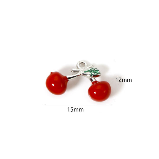 Picture of 1 Piece Brass 3D Charms Platinum Plated Red Cherry Fruit Enamel 15mm x 12mm