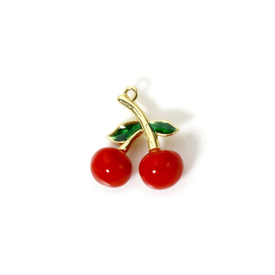 Picture of 1 Piece Brass 3D Charms 18K Gold Plated Red Cherry Fruit Enamel 21mm x 19mm