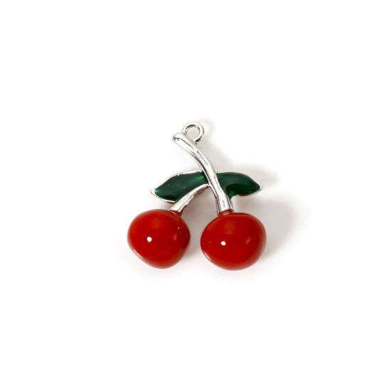 Picture of 1 Piece Brass 3D Charms Platinum Plated Red Cherry Fruit Enamel 21mm x 19mm