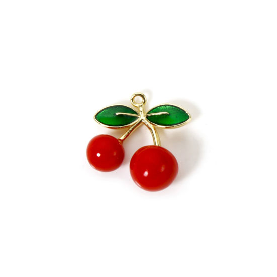 Picture of 1 Piece Brass 3D Charms 18K Gold Plated Red Cherry Fruit Enamel 19mm x 18mm