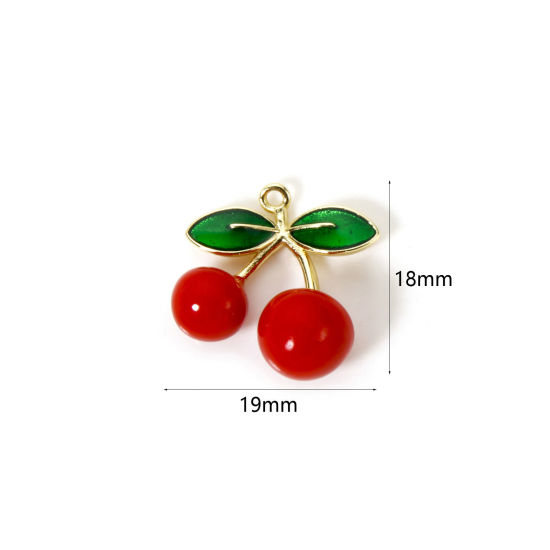 Picture of 1 Piece Brass 3D Charms 18K Gold Plated Red Cherry Fruit Enamel 19mm x 18mm