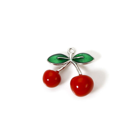 Picture of 1 Piece Brass 3D Charms Platinum Plated Red Cherry Fruit Enamel 19mm x 18mm