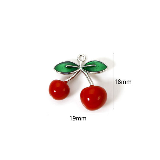 Picture of 1 Piece Brass 3D Charms Platinum Plated Red Cherry Fruit Enamel 19mm x 18mm