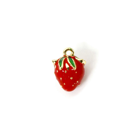 Picture of 1 Piece Brass 3D Charms 18K Gold Plated Red Strawberry Fruit Enamel 12mm x 9mm