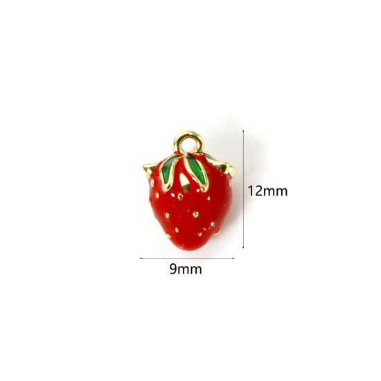 Picture of 1 Piece Brass 3D Charms 18K Gold Plated Red Strawberry Fruit Enamel 12mm x 9mm