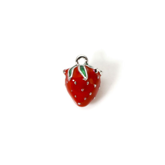 Picture of 1 Piece Brass 3D Charms Platinum Plated Red Strawberry Fruit Enamel 12mm x 9mm