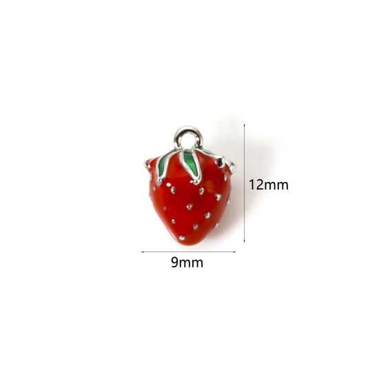 Picture of 1 Piece Brass 3D Charms Platinum Plated Red Strawberry Fruit Enamel 12mm x 9mm