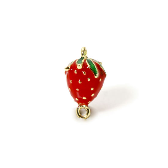 Picture of 1 Piece Brass 3D Connectors Charms Pendants 18K Gold Plated Red Strawberry Fruit Enamel 14.5mm x 9mm