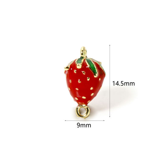 Picture of 1 Piece Brass 3D Connectors Charms Pendants 18K Gold Plated Red Strawberry Fruit Enamel 14.5mm x 9mm