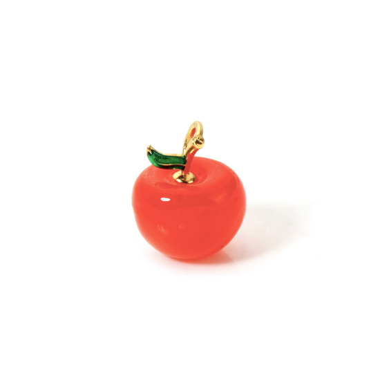 Picture of 1 Piece Brass 3D Charms 18K Gold Plated Orange-red Cherry Fruit Enamel 17mm x 14mm