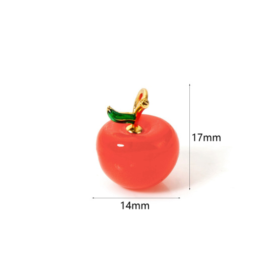 Picture of 1 Piece Brass 3D Charms 18K Gold Plated Orange-red Cherry Fruit Enamel 17mm x 14mm