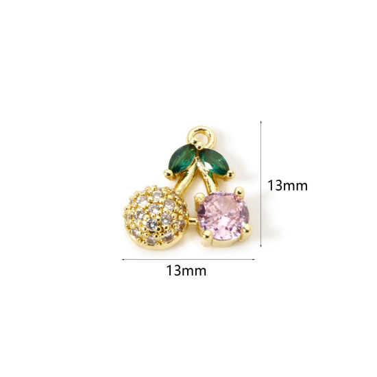 Picture of 1 Piece Brass Charms 18K Gold Plated Pink Cherry Fruit Clear Cubic Zirconia 13mm x 13mm