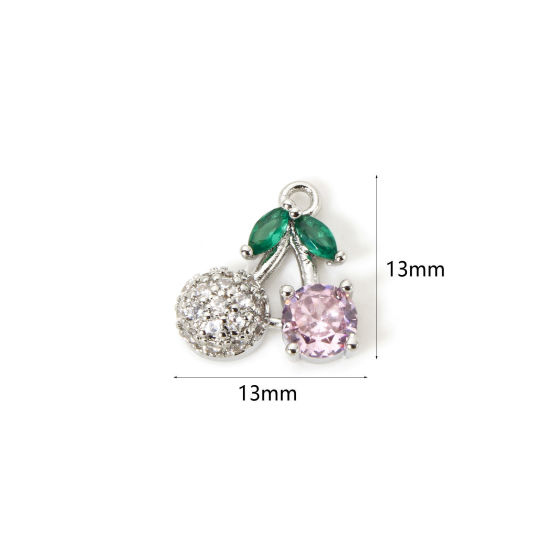 Picture of 1 Piece Brass Charms Platinum Plated Pink Cherry Fruit Clear Cubic Zirconia 13mm x 13mm