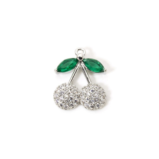 Picture of 1 Piece Brass Charms Platinum Plated Green Cherry Fruit Clear Cubic Zirconia 21mm x 17mm