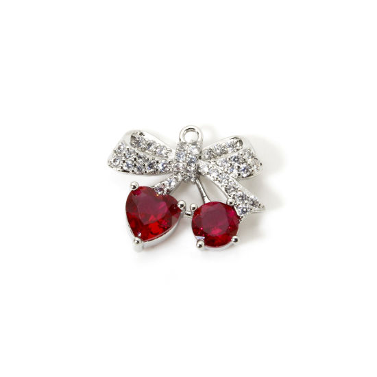 Picture of 1 Piece Brass Charms Platinum Plated Fuchsia Cherry Fruit Bowknot Clear Cubic Zirconia 21mm x 17mm