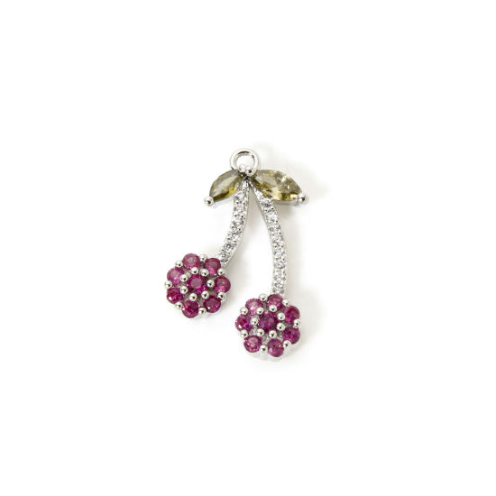 Picture of 1 Piece Brass Charms Platinum Plated Cherry Fruit Fuchsia Cubic Zirconia 19mm x 12mm